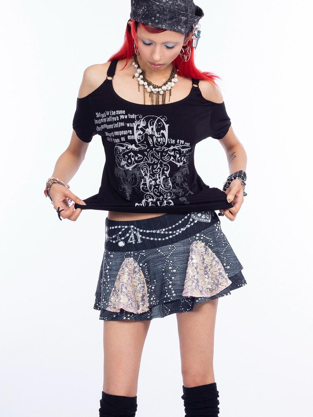 4RE1GN Faux Denim Rhinestone Pearl Lace A Line High Waist Women's Polyester Mini Skirts
