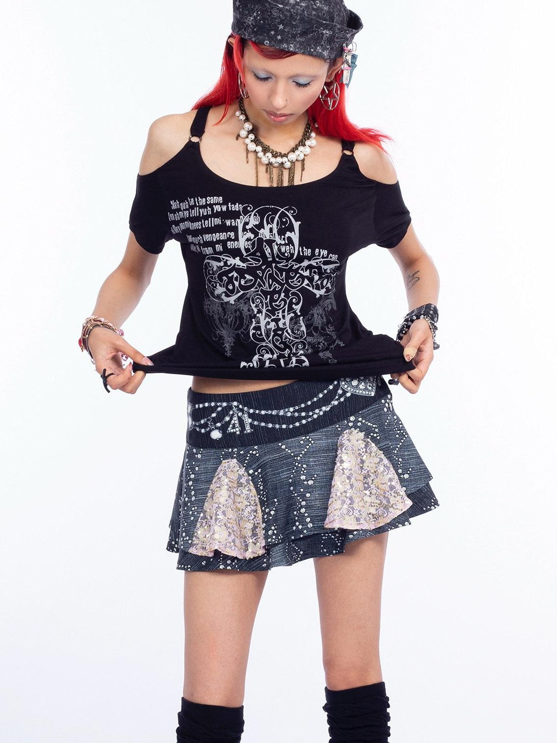 4RE1GN Faux Denim Rhinestone Pearl Lace A Line High Waist Women's Polyester Mini Skirts