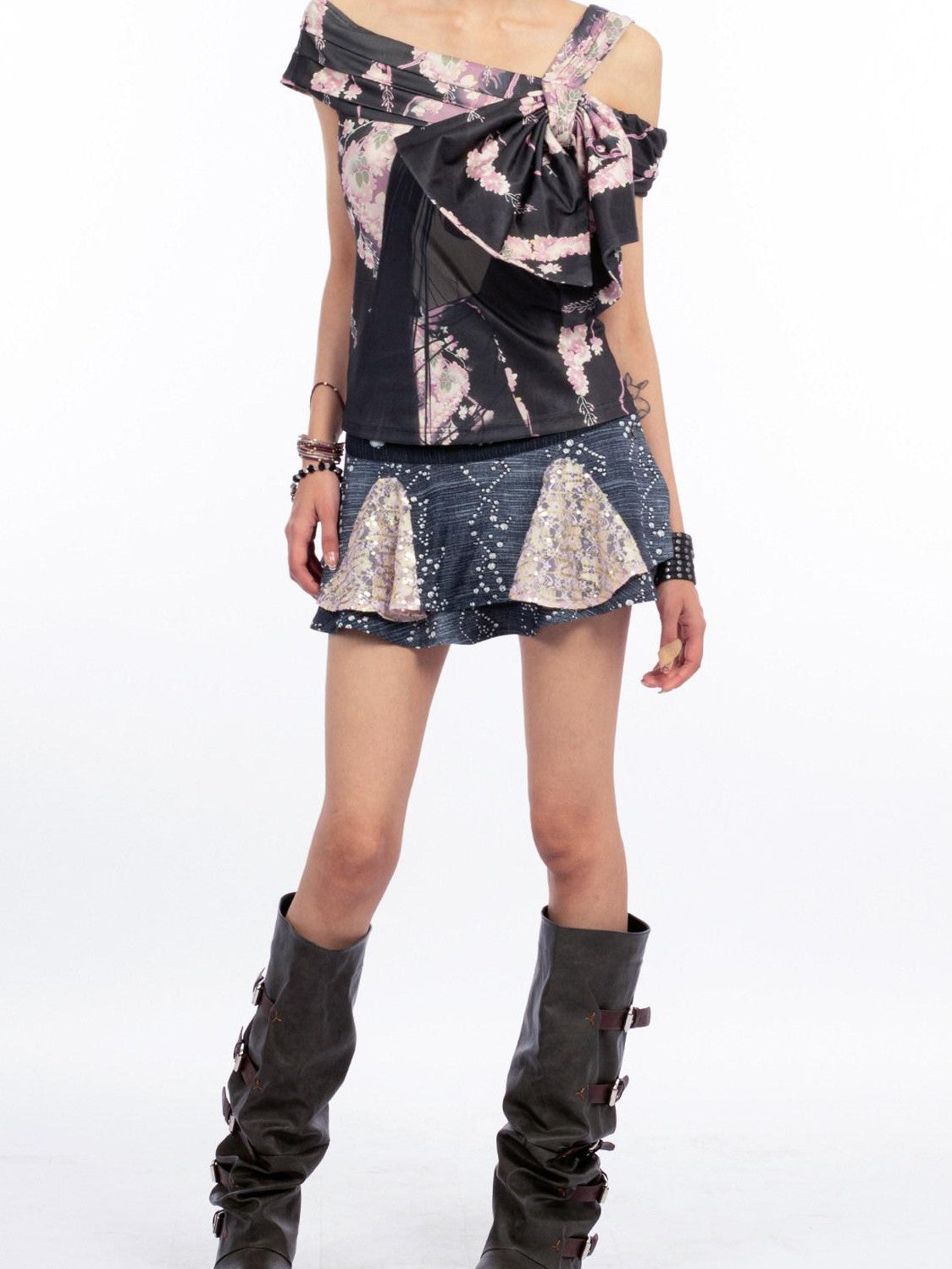 4RE1GN Faux Denim Rhinestone Pearl Lace A Line High Waist Women's Polyester Mini Skirts