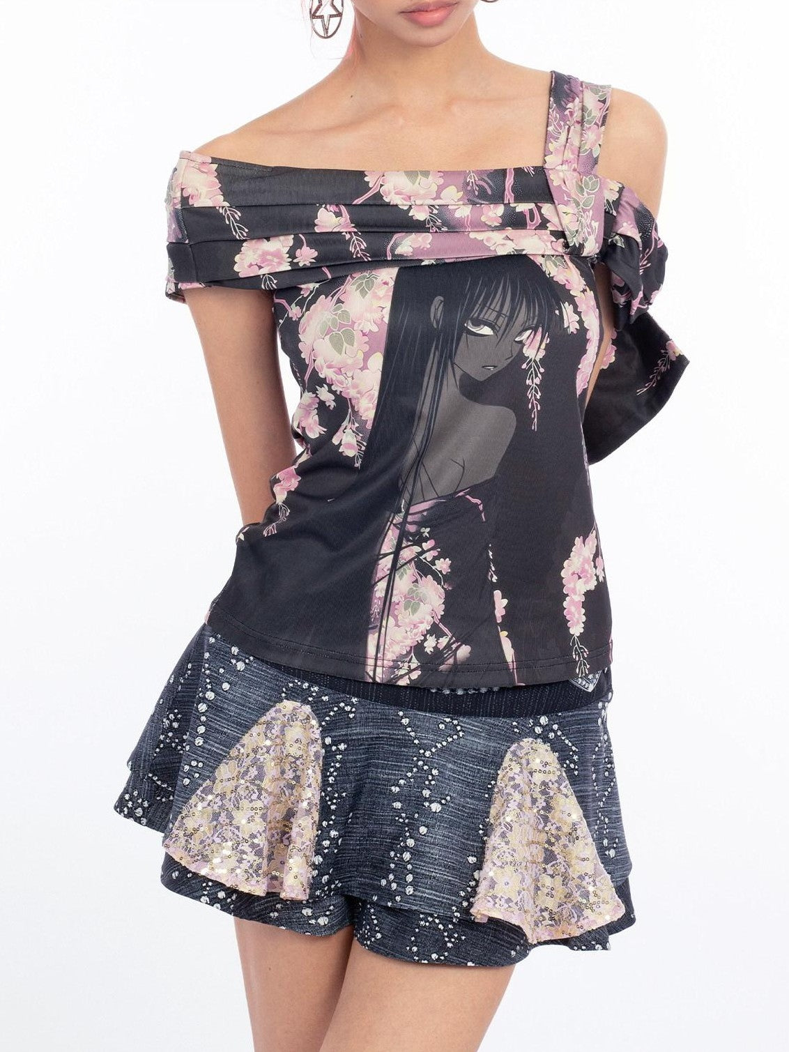4RE1GN Faux Denim Rhinestone Pearl Lace A Line High Waist Women's Polyester Mini Skirts