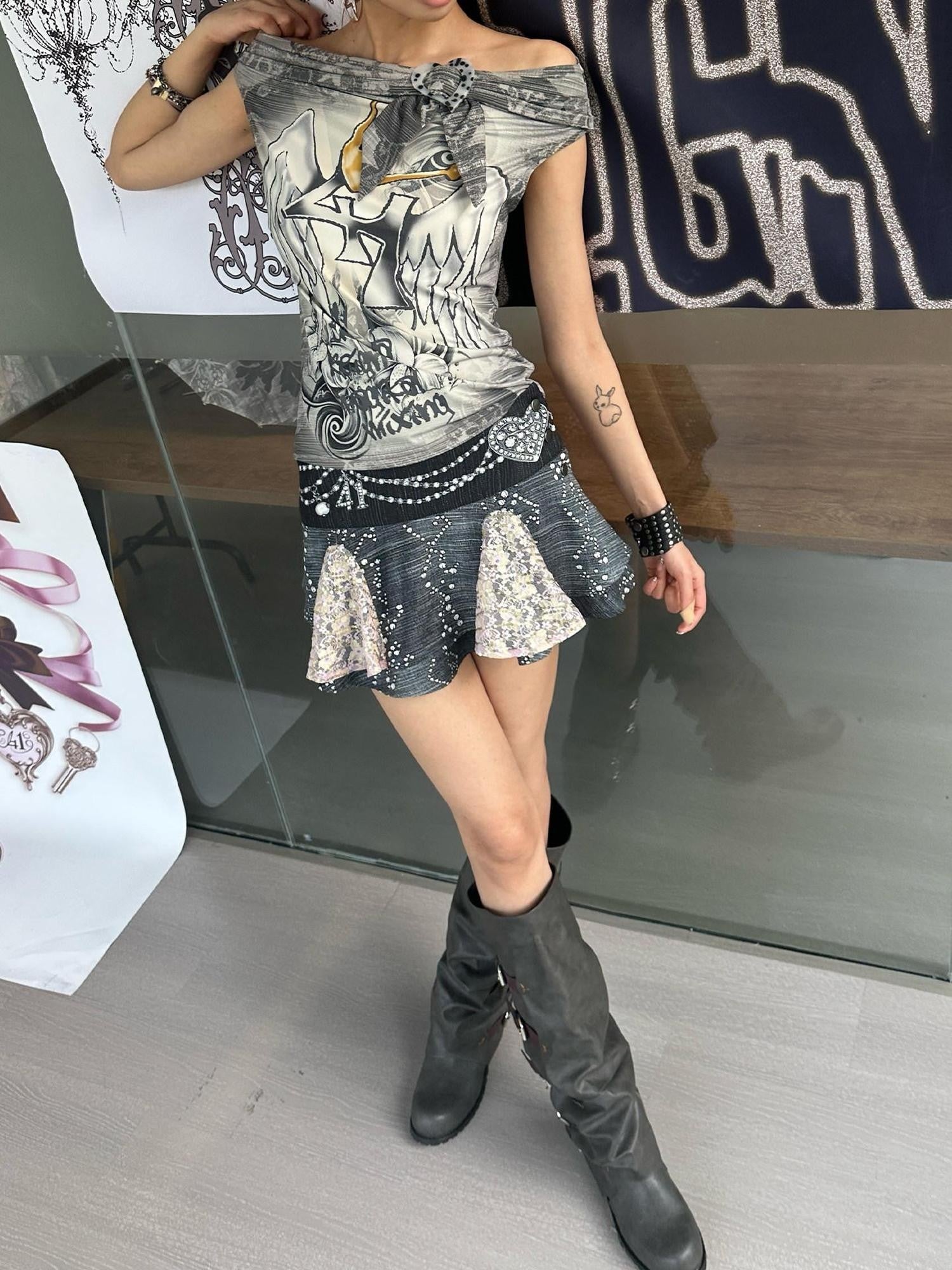 4RE1GN Faux Denim Rhinestone Pearl Lace A Line High Waist Women's Polyester Mini Skirts