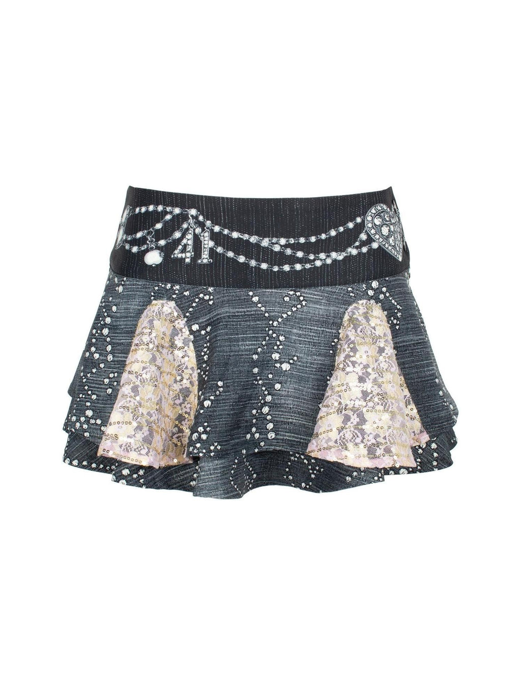 4RE1GN Faux Denim Rhinestone Pearl Lace A Line High Waist Women's Polyester Mini Skirts