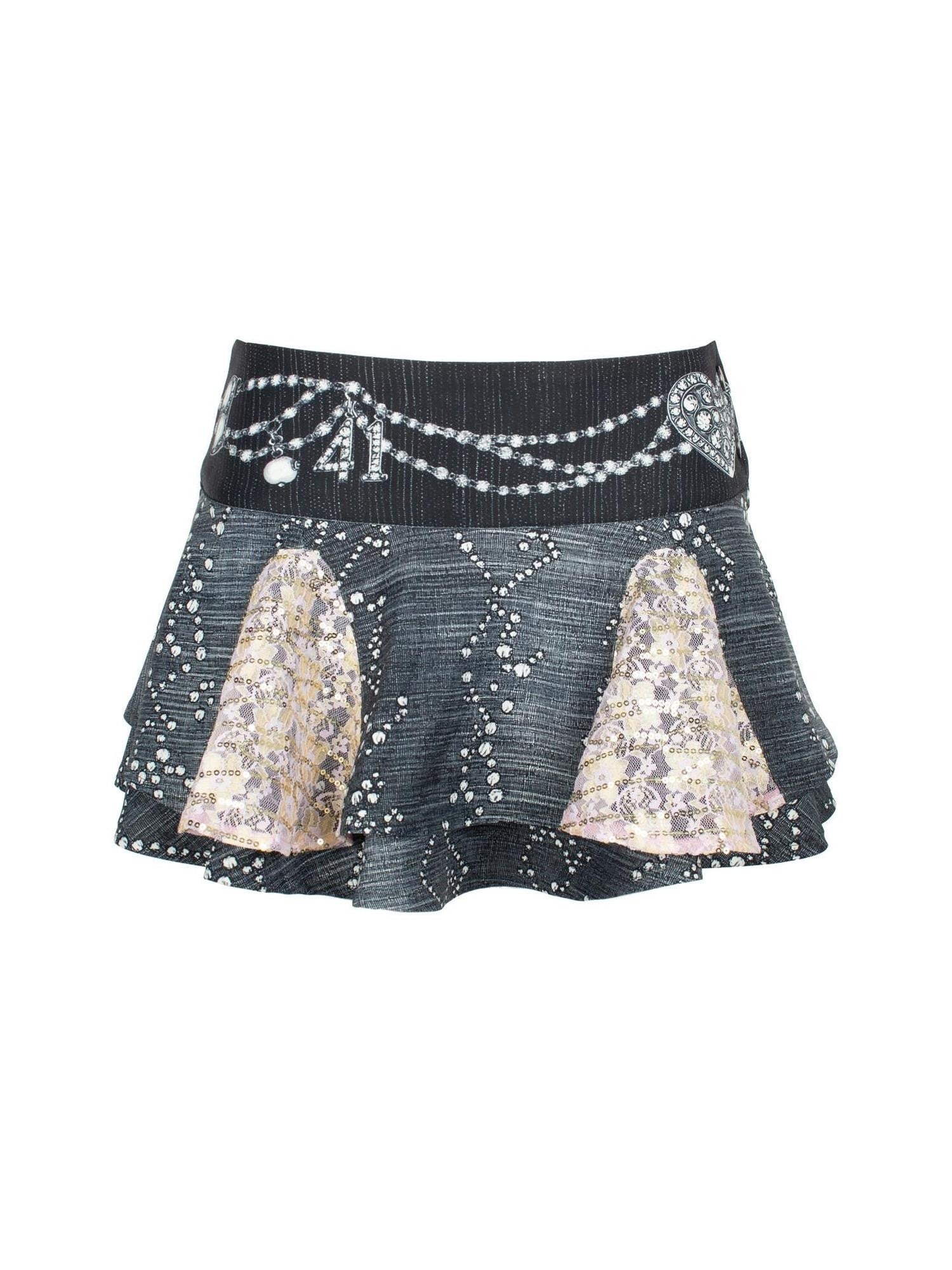 4RE1GN Faux Denim Rhinestone Pearl Lace A Line High Waist Women's Polyester Mini Skirts