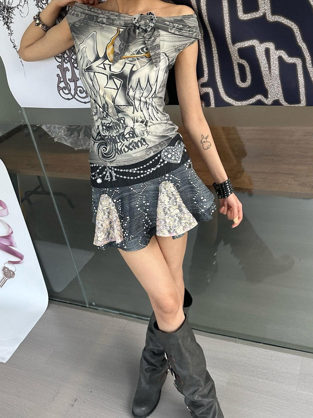4RE1GN Faux Denim Rhinestone Pearl Lace A Line High Waist Women's Polyester Mini Skirts