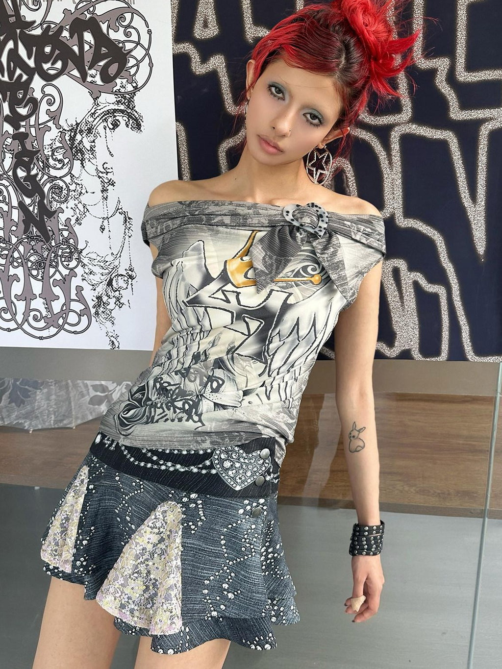4RE1GN Faux Denim Rhinestone Pearl Lace A Line High Waist Women's Polyester Mini Skirts