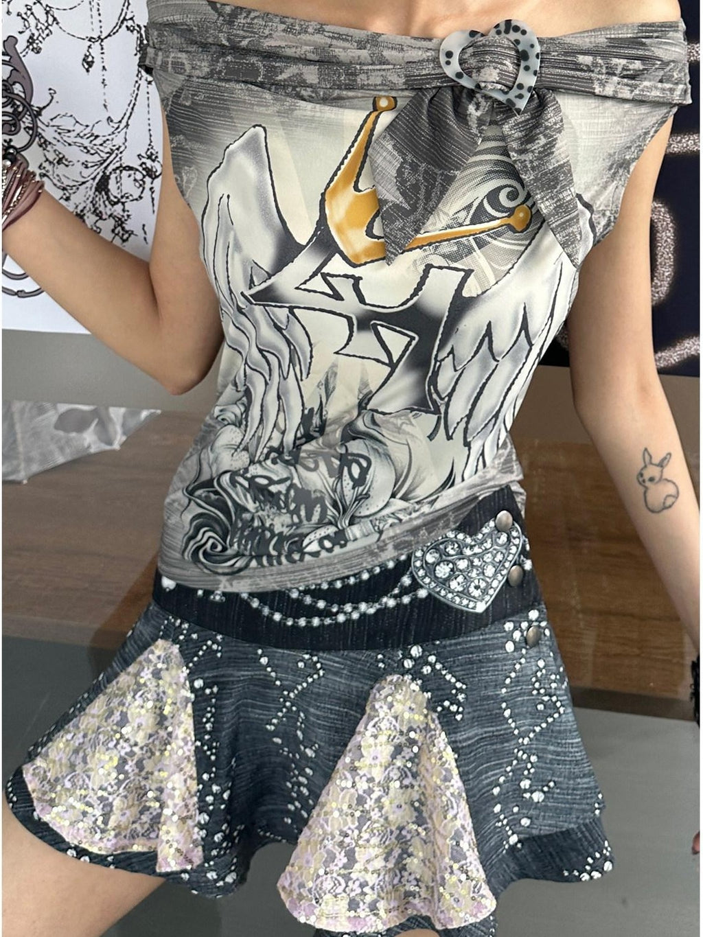 4RE1GN Faux Denim Rhinestone Pearl Lace A Line High Waist Women's Polyester Mini Skirts
