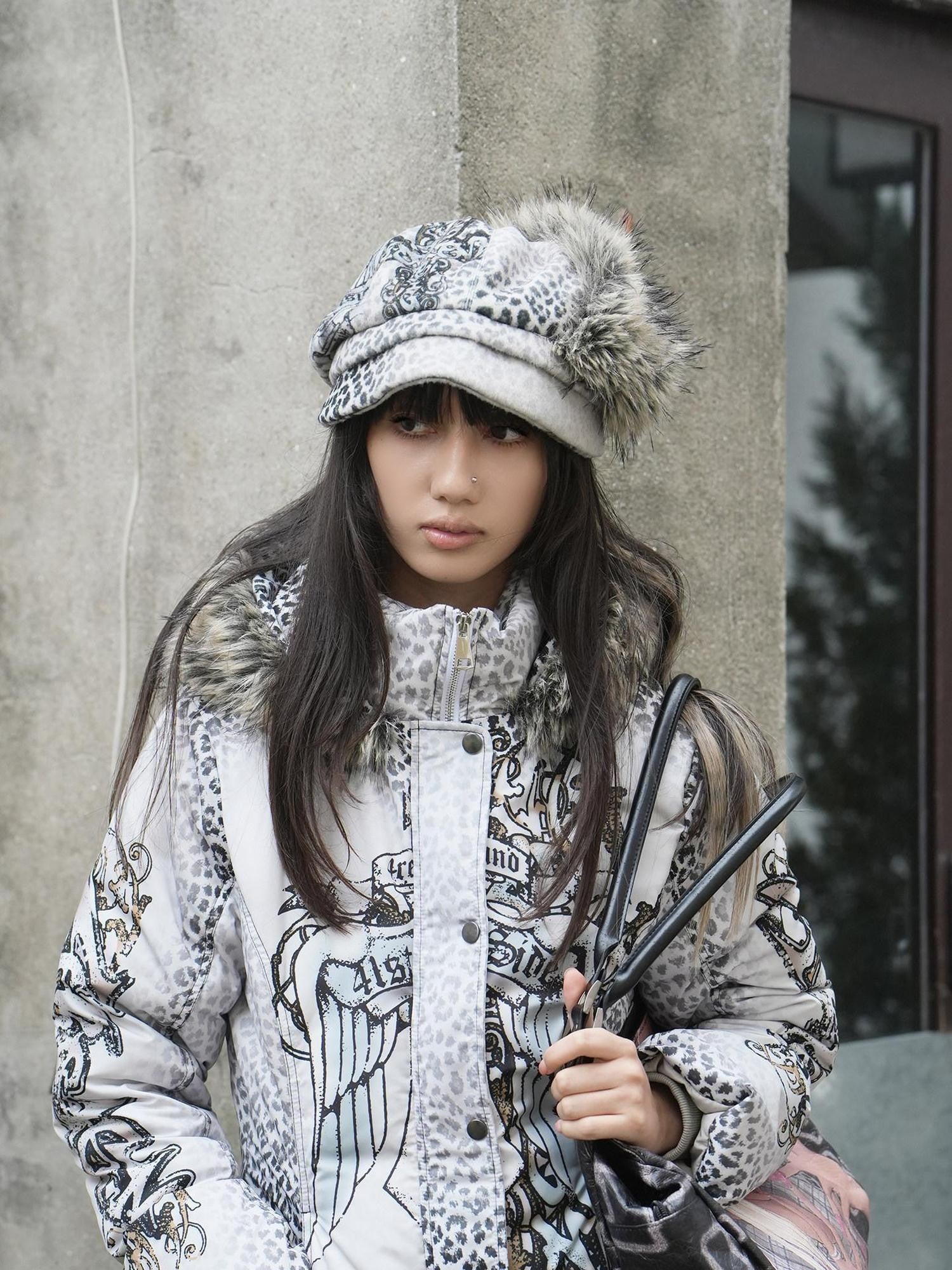 4RE1GN Faux Fur Leopard Print Badge Print Patchwork Women's Polyester Hats