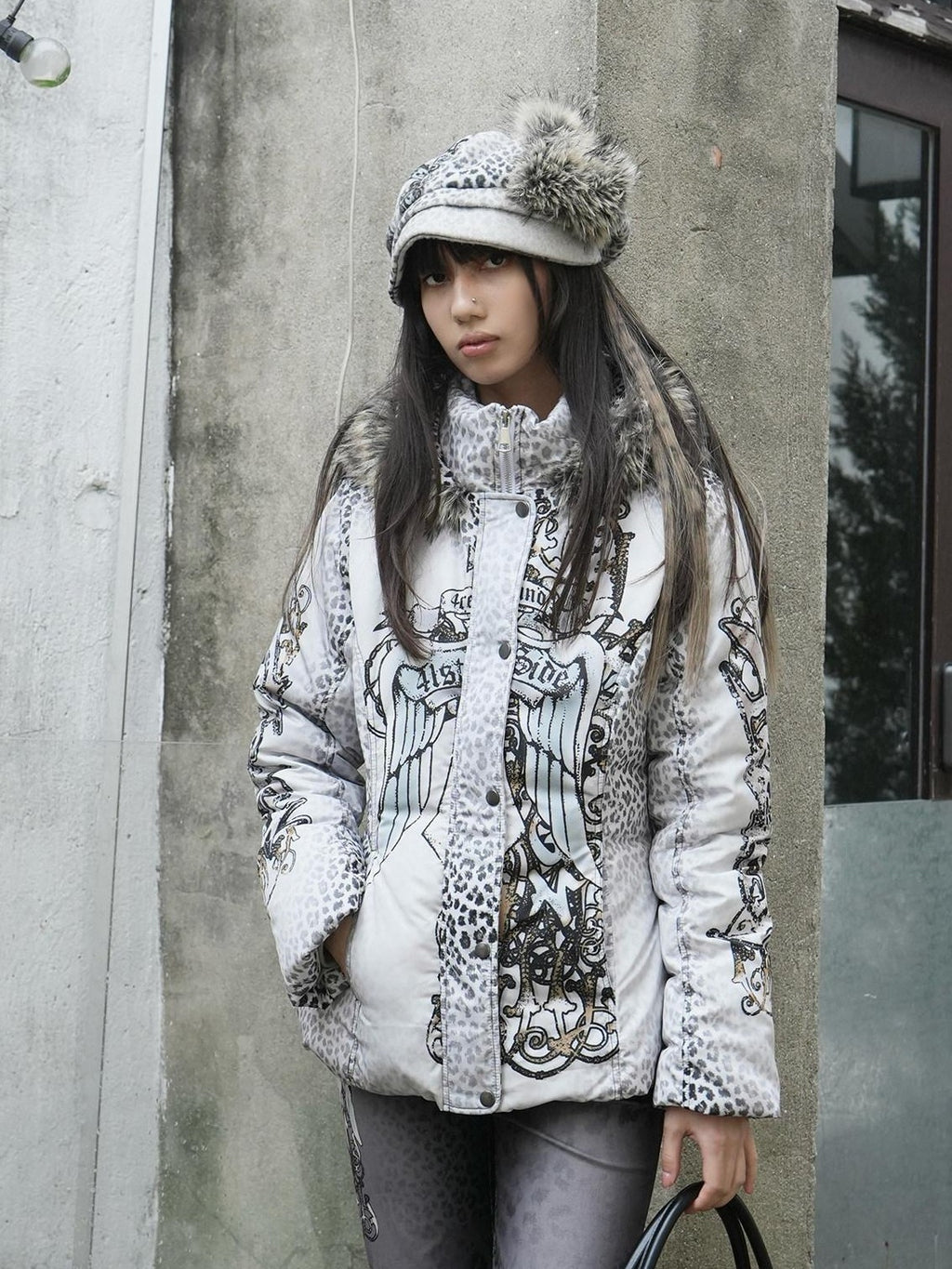 4RE1GN Faux Fur Leopard Print Badge Print Patchwork Women's Polyester Hats