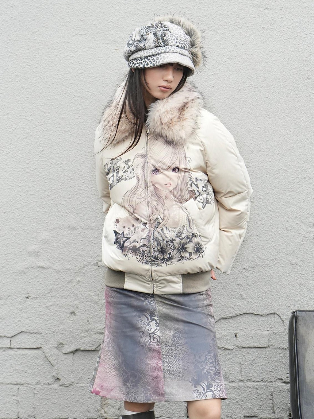 4RE1GN Faux Fur Leopard Print Badge Print Patchwork Women's Polyester Hats