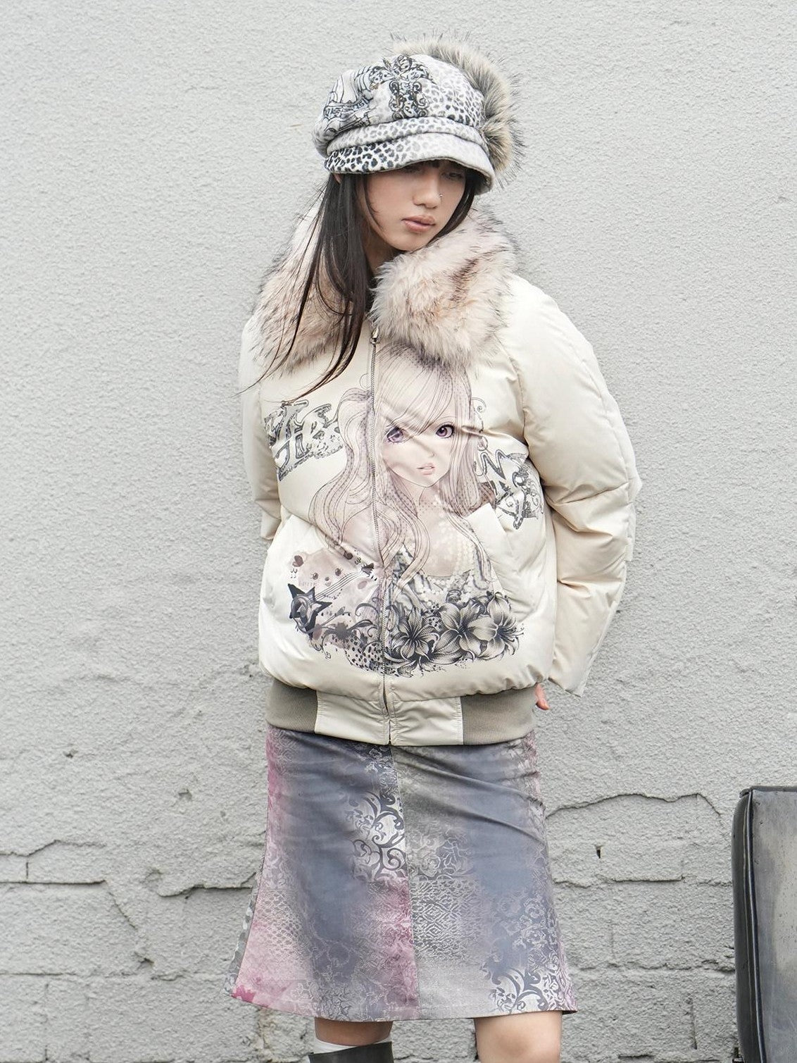 4RE1GN Faux Fur Leopard Print Badge Print Patchwork Women's Polyester Hats