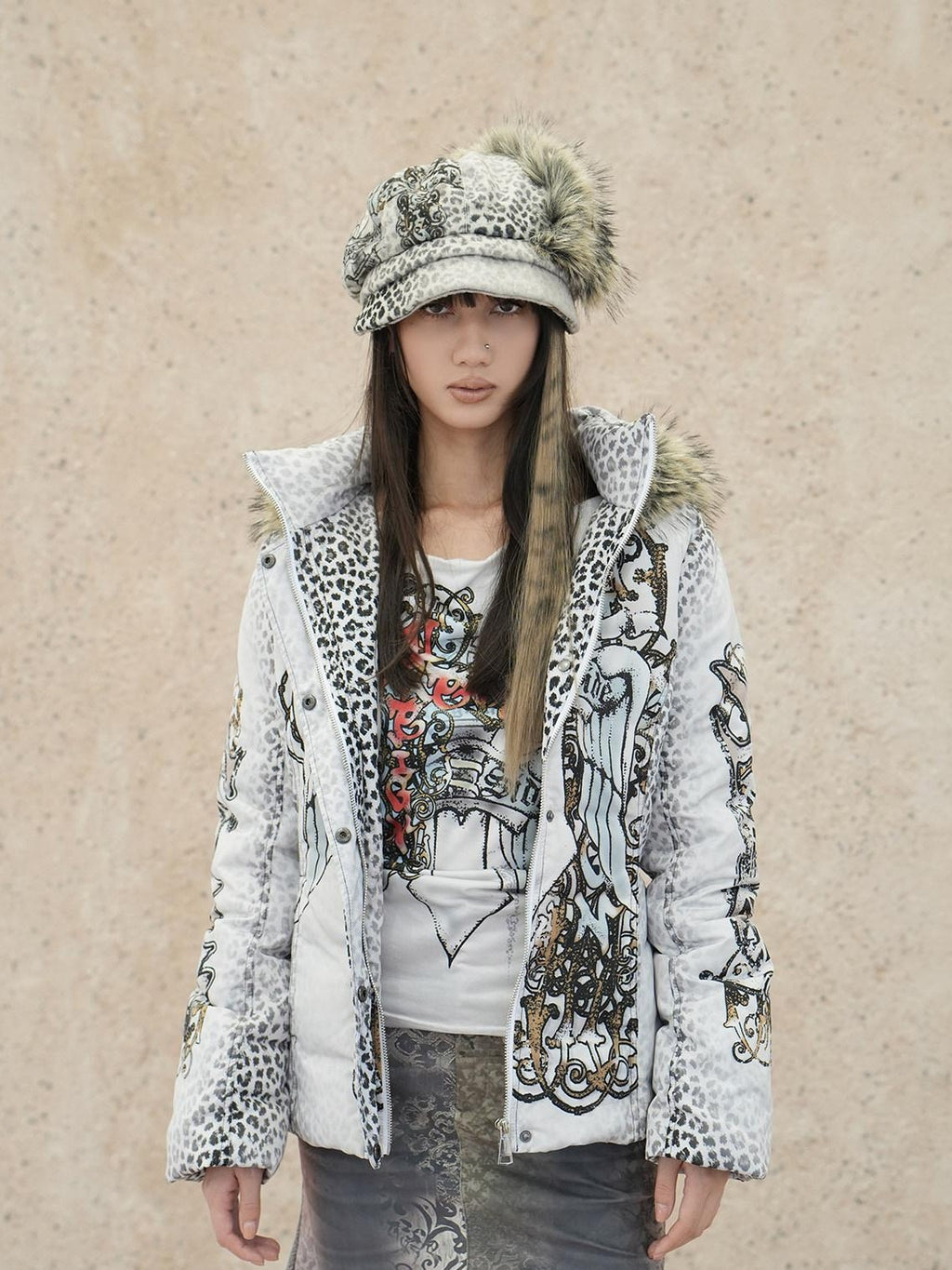 4RE1GN Faux Fur Leopard Print Badge Print Patchwork Women's Polyester Hats