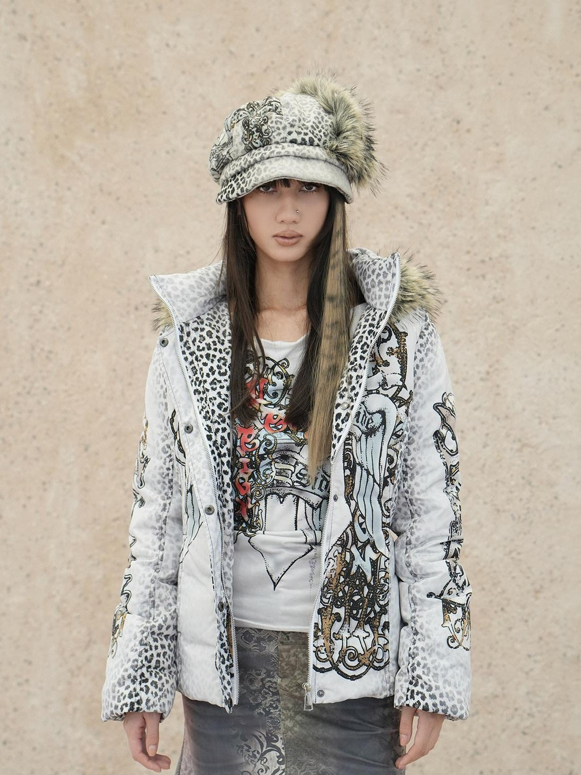 4RE1GN Faux Fur Leopard Print Badge Print Patchwork Women's Polyester Hats