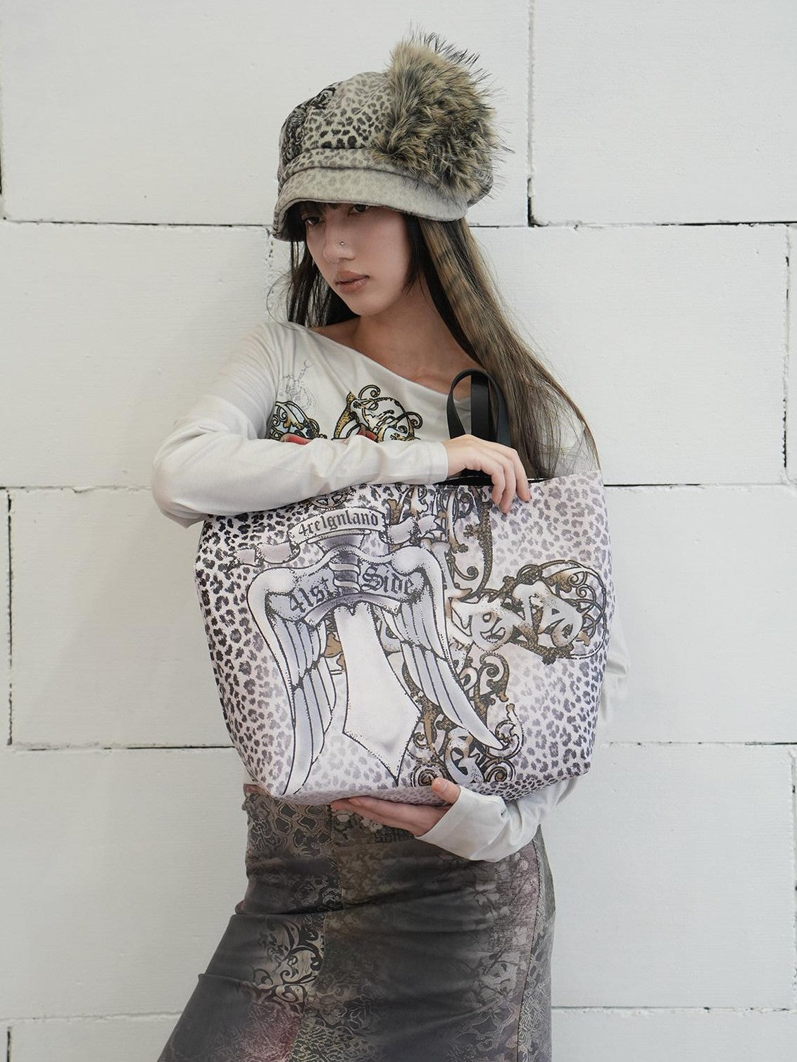 4RE1GN Faux Fur Leopard Print Badge Print Patchwork Women's Polyester Hats