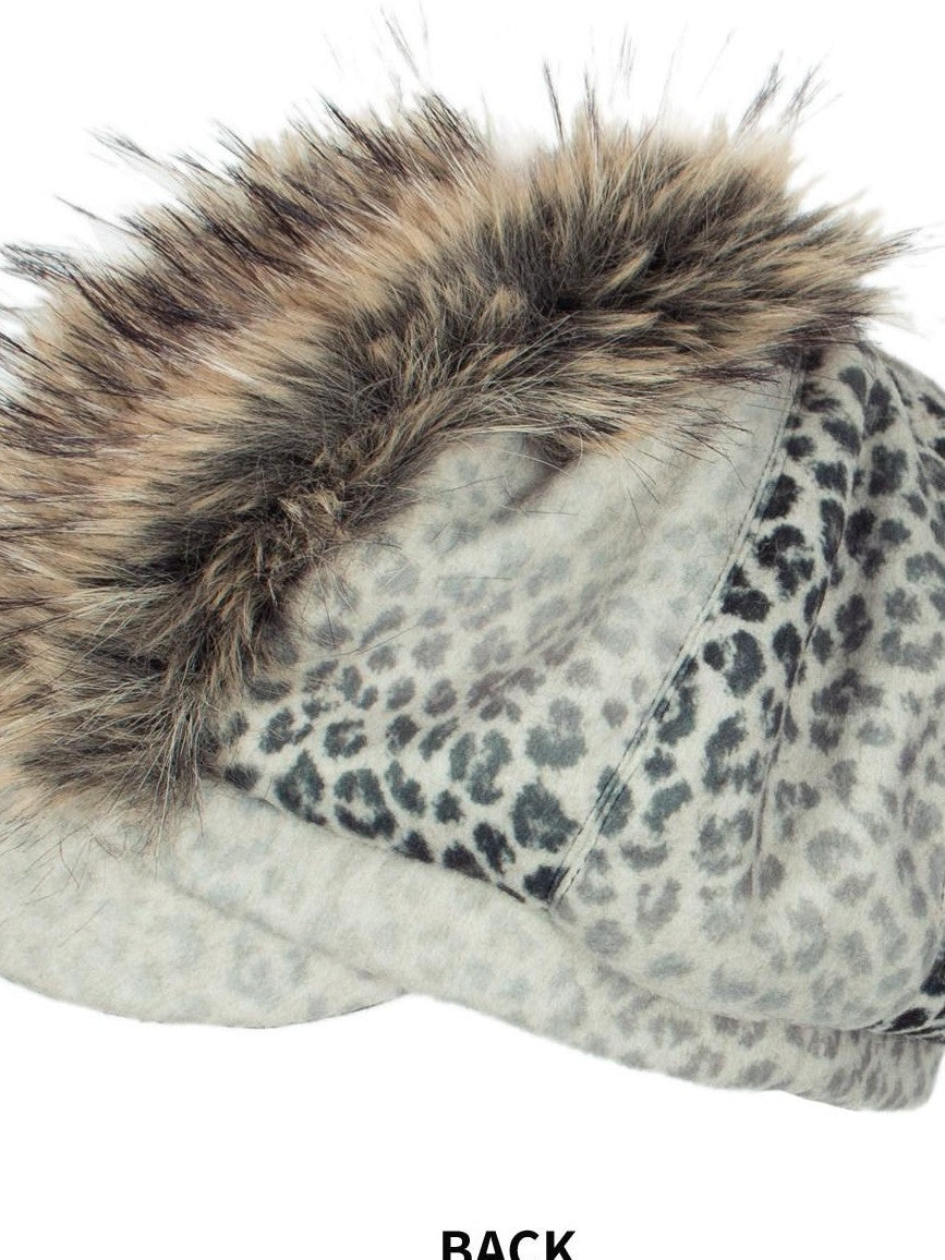 4RE1GN Faux Fur Leopard Print Badge Print Patchwork Women's Polyester Hats