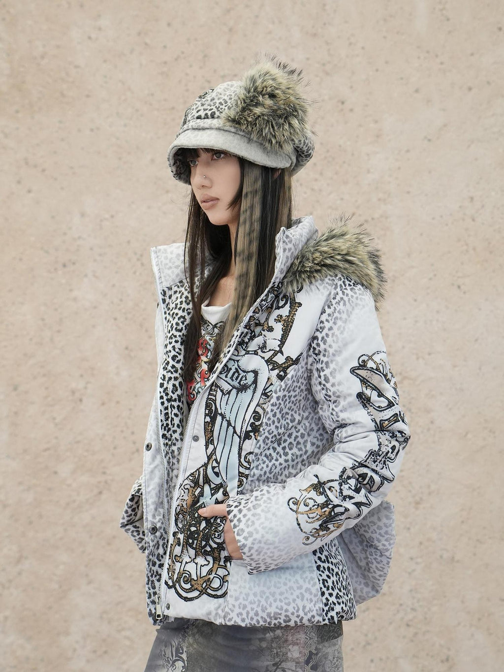 4RE1GN Faux Fur Leopard Print Badge Print Patchwork Women's Polyester Hats