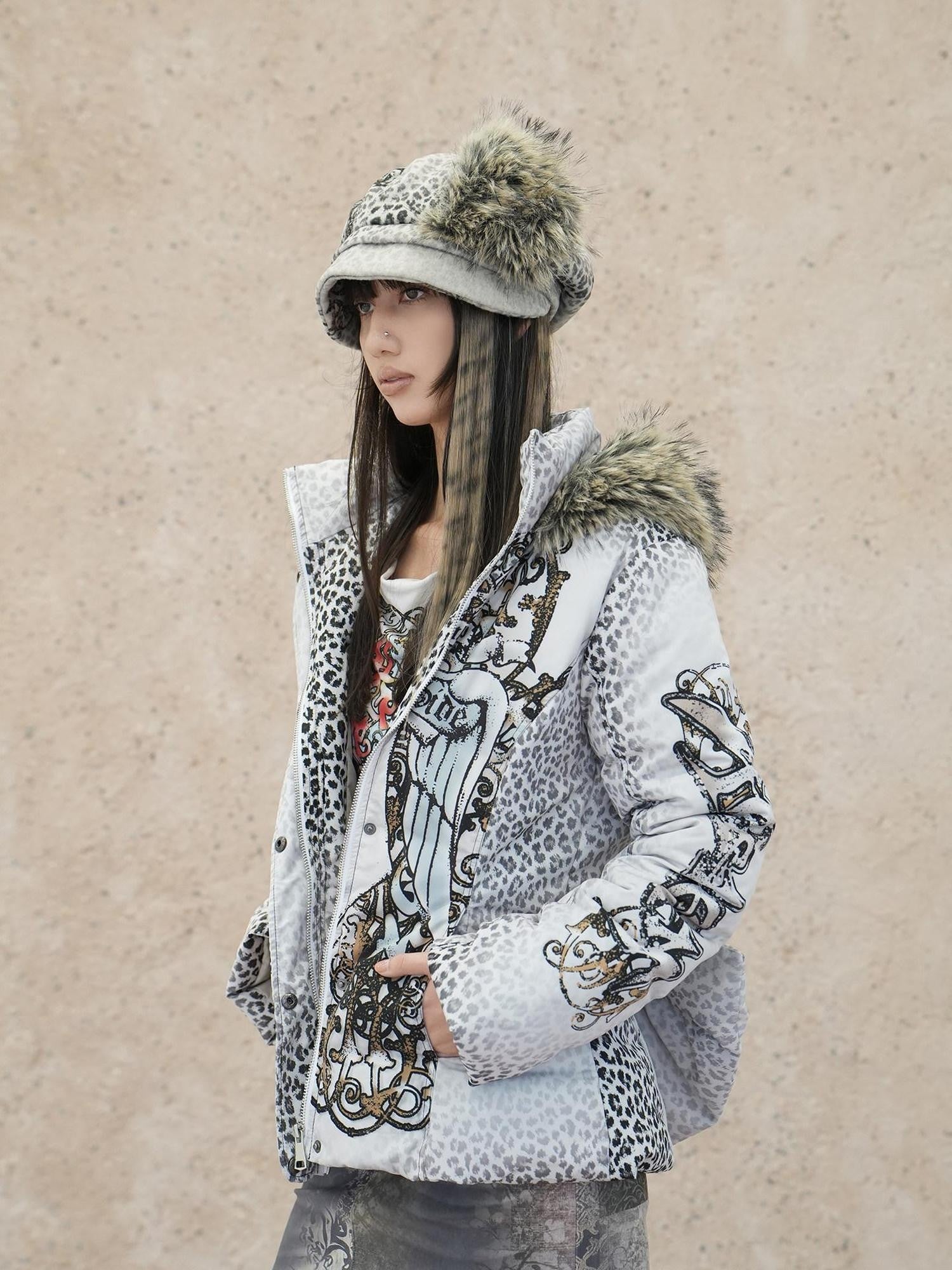 4RE1GN Faux Fur Leopard Print Badge Print Patchwork Women's Polyester Hats