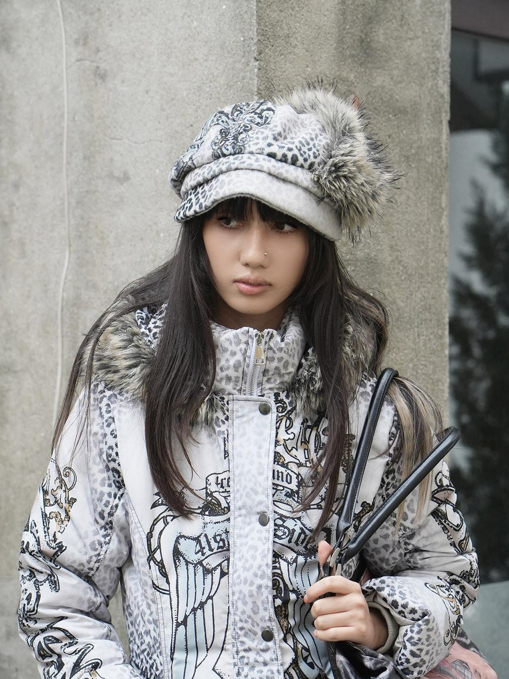 4RE1GN Faux Fur Leopard Print Badge Print Patchwork Women's Polyester Hats