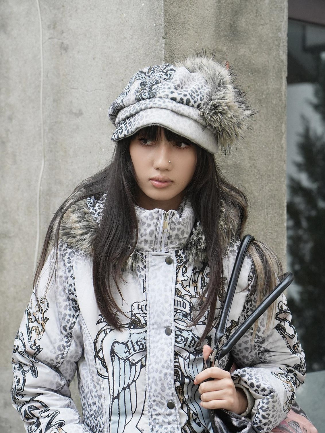 4RE1GN Faux Fur Leopard Print Badge Print Patchwork Women's Polyester Hats