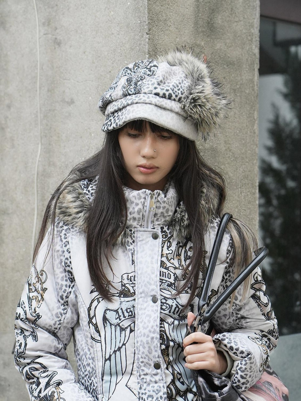 4RE1GN Faux Fur Leopard Print Badge Print Patchwork Women's Polyester Hats