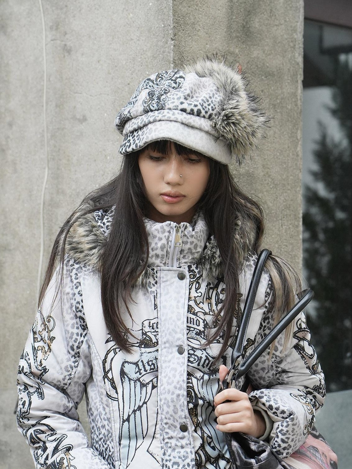 4RE1GN Faux Fur Leopard Print Badge Print Patchwork Women's Polyester Hats
