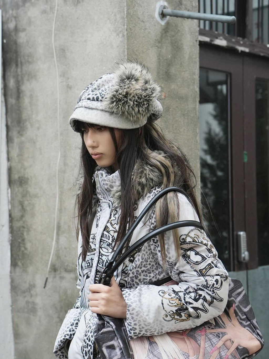 4RE1GN Faux Fur Leopard Print Badge Print Patchwork Women's Polyester Hats