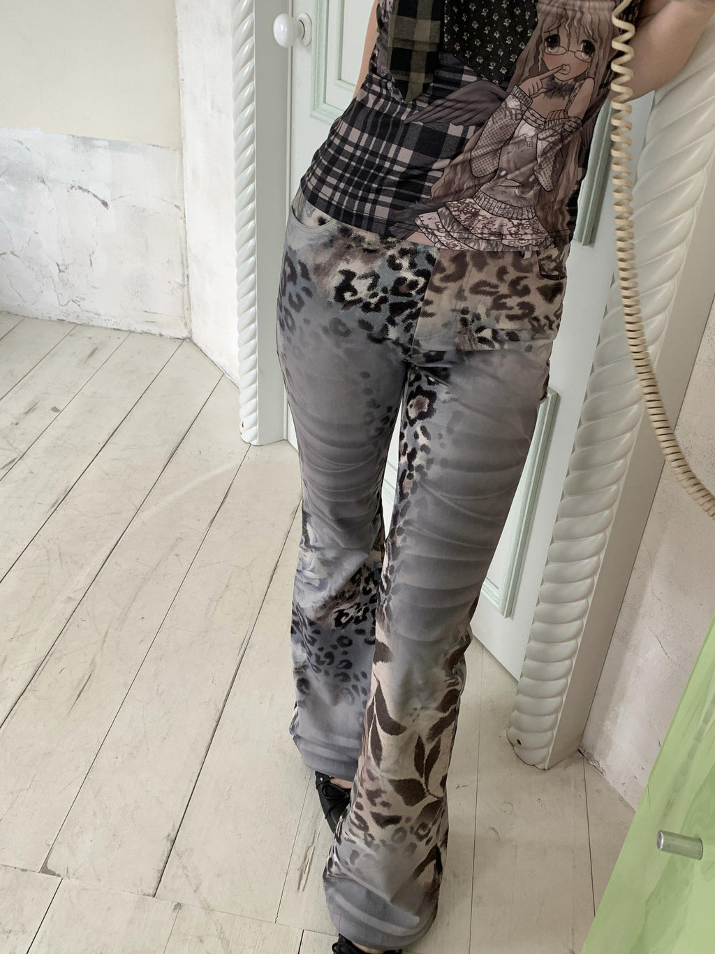 4RE1GN Floral Leopard Print Vintage Natural Waist Women's Polyester Flare Pants