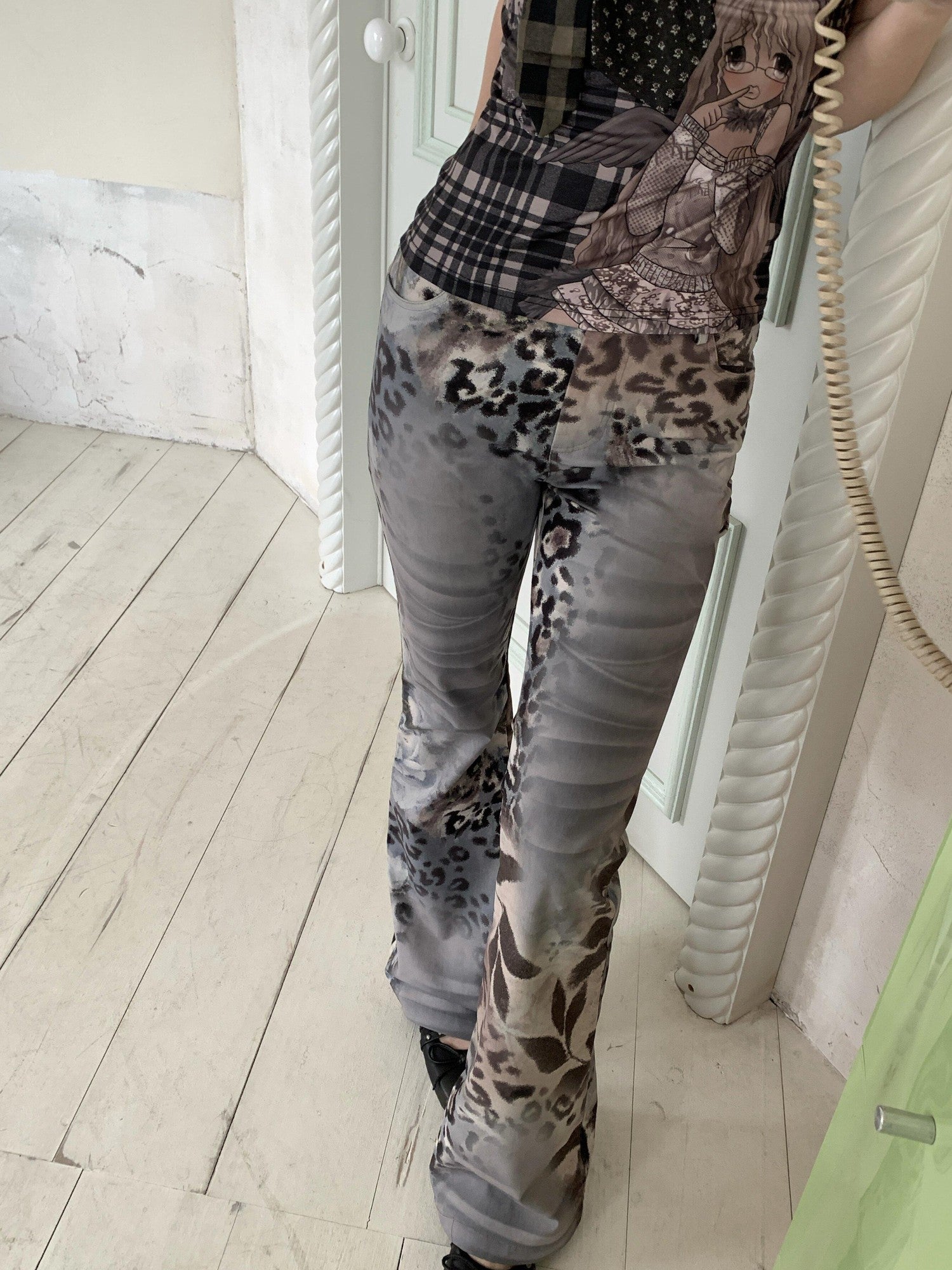 4RE1GN Floral Leopard Print Vintage Natural Waist Women's Polyester Flare Pants