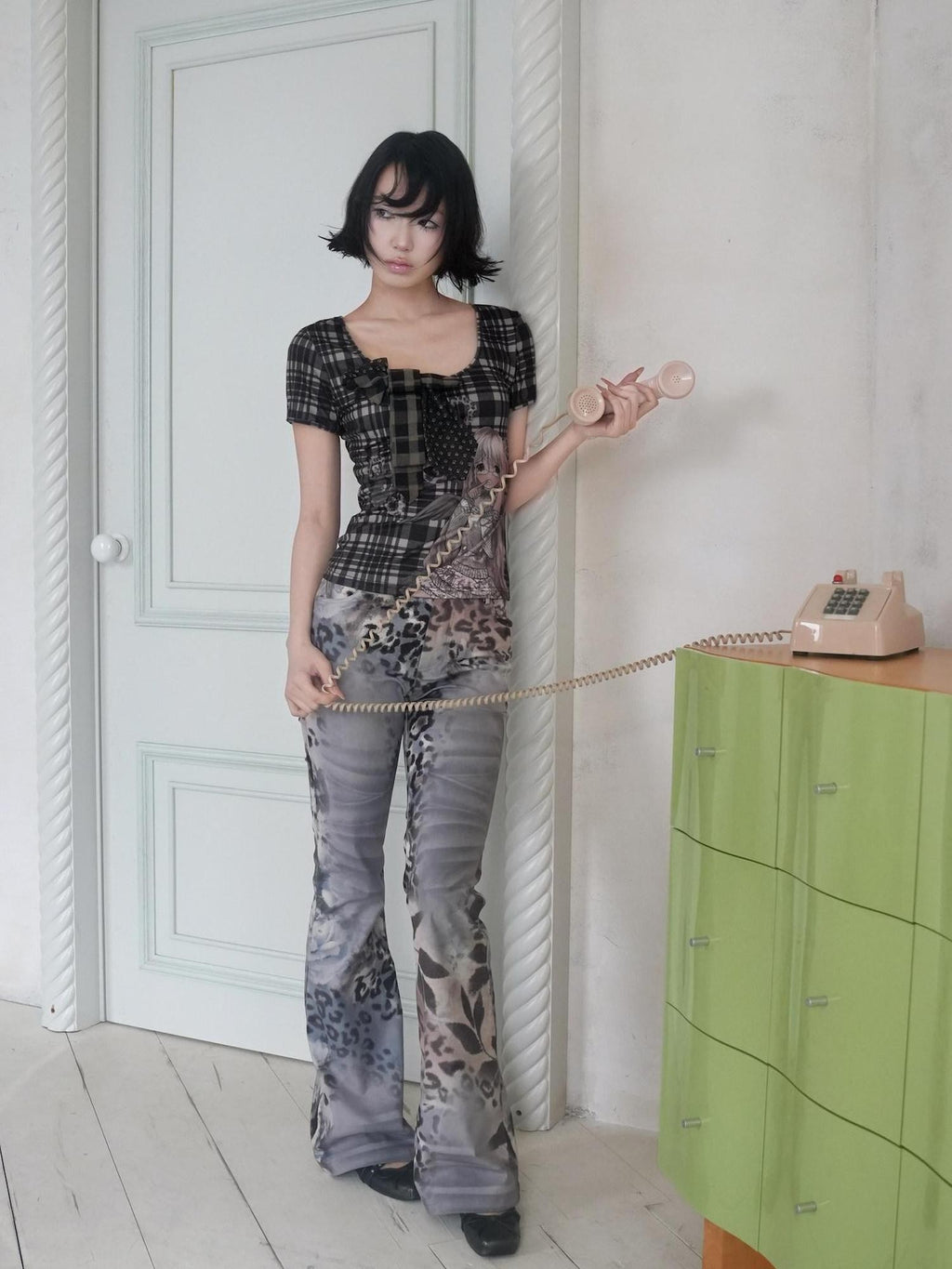 4RE1GN Floral Leopard Print Vintage Natural Waist Women's Polyester Flare Pants