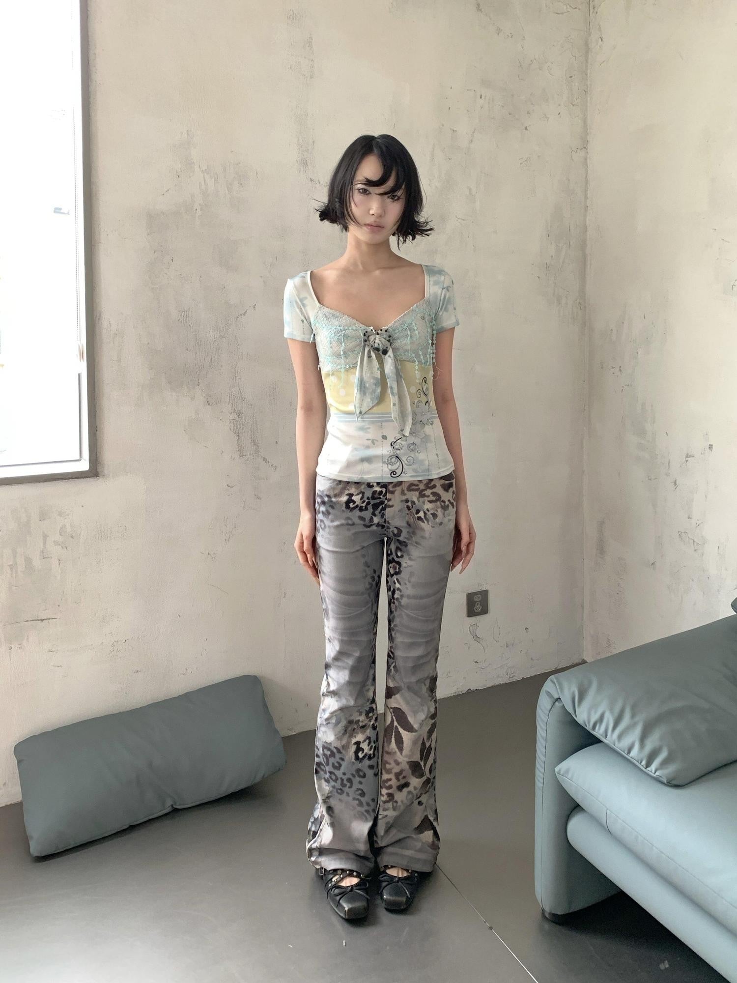 4RE1GN Floral Leopard Print Vintage Natural Waist Women's Polyester Flare Pants