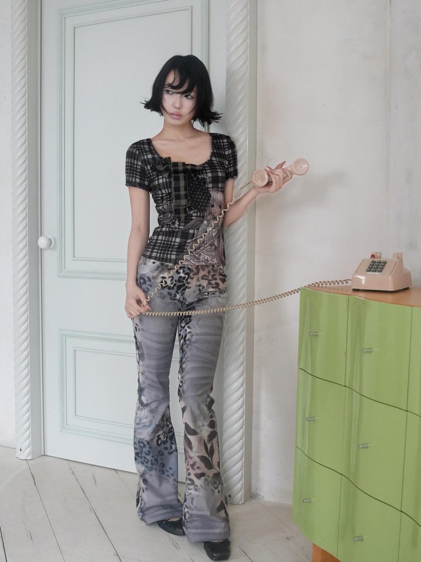 4RE1GN Floral Leopard Print Vintage Natural Waist Women's Polyester Flare Pants