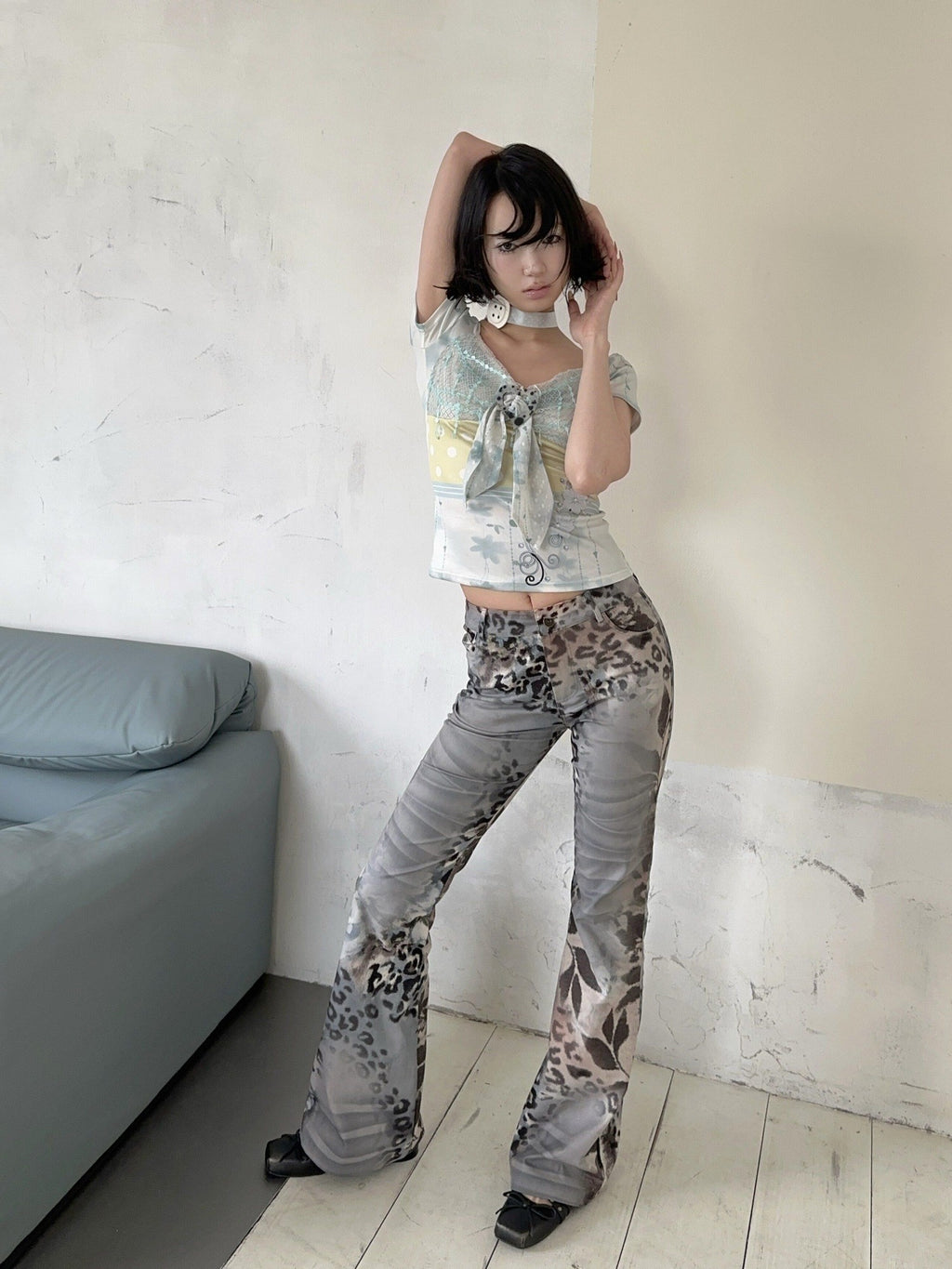 4RE1GN Floral Leopard Print Vintage Natural Waist Women's Polyester Flare Pants