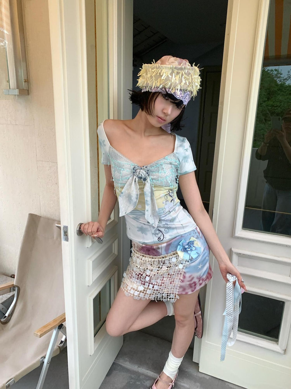 4RE1GN Floral Polka Dot Sequin Patchwork Women's Short Sleeve T-shirts