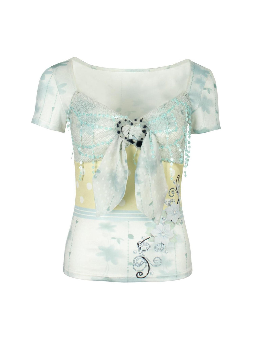 4RE1GN Floral Polka Dot Sequin Patchwork Women's Short Sleeve T-shirts