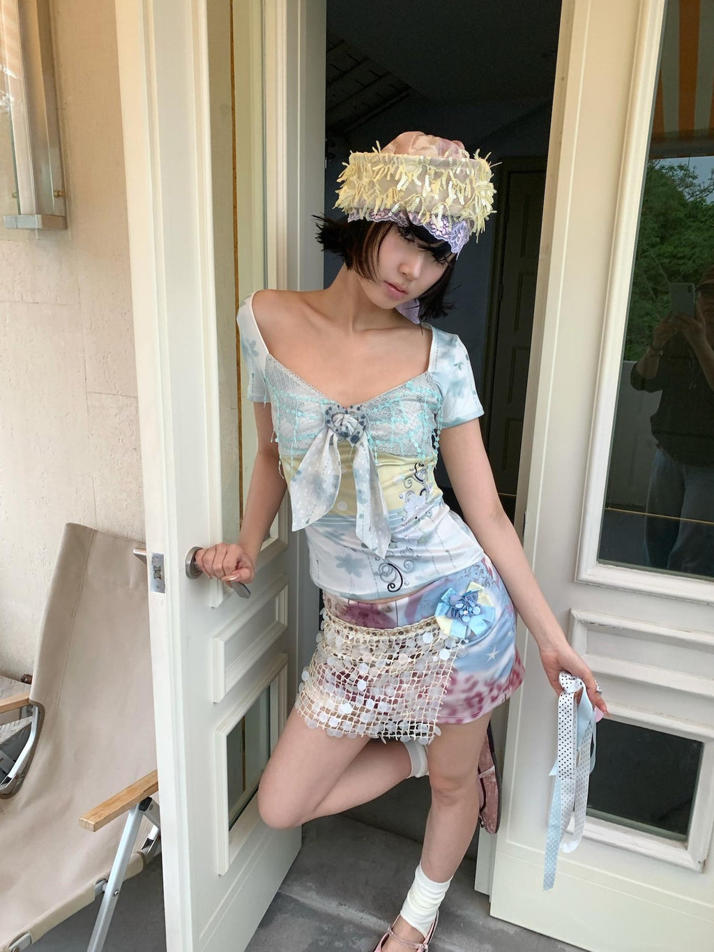 4RE1GN Floral Polka Dot Sequin Patchwork Women's Short Sleeve T-shirts