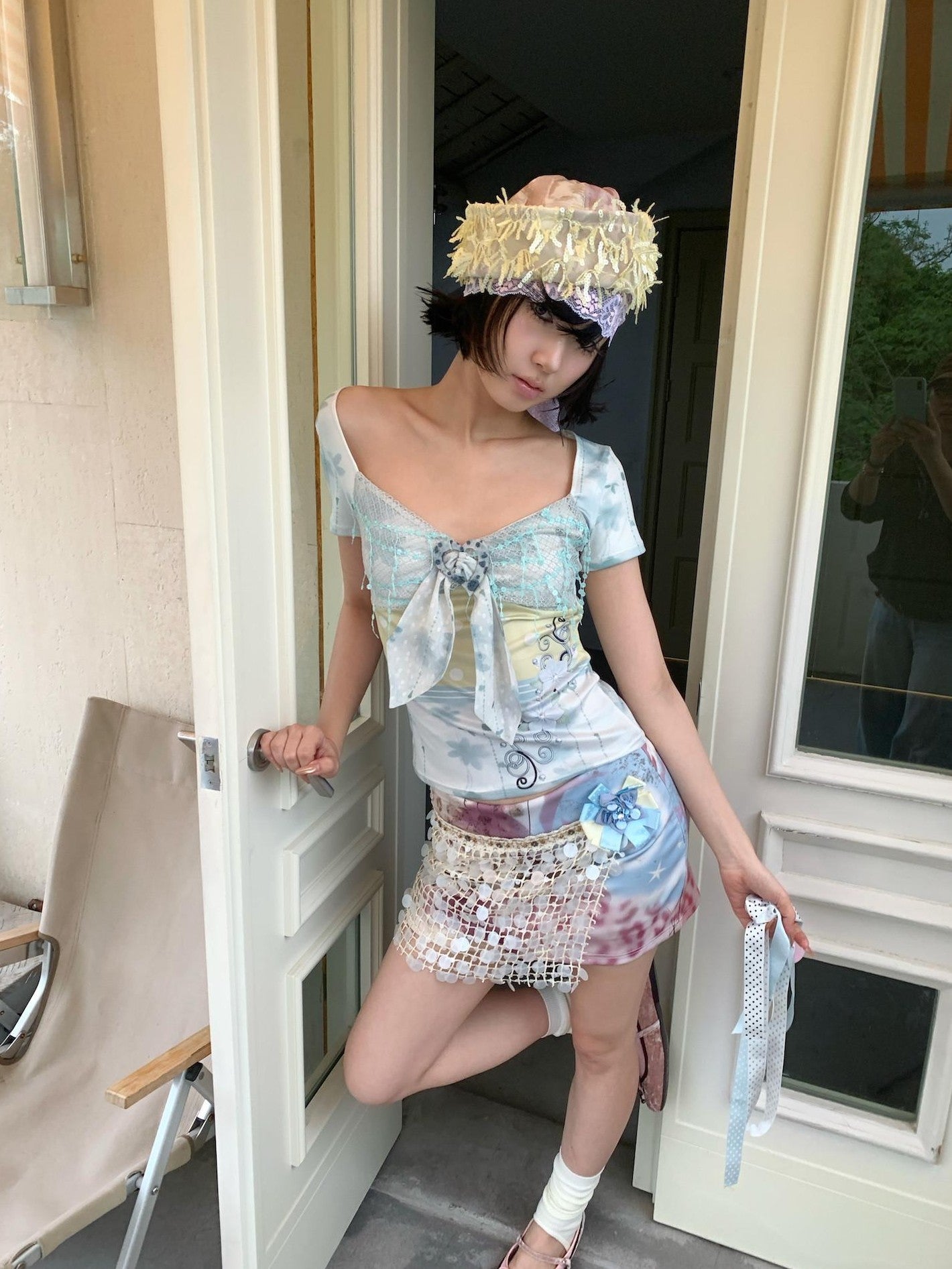 4RE1GN Floral Polka Dot Sequin Patchwork Women's Short Sleeve T-shirts