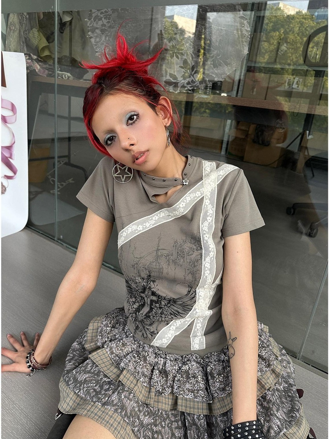 4RE1GN Graffiti Camouflage Plaid Lace Patchwork Women's Cotton Polyester Tiered Skirts