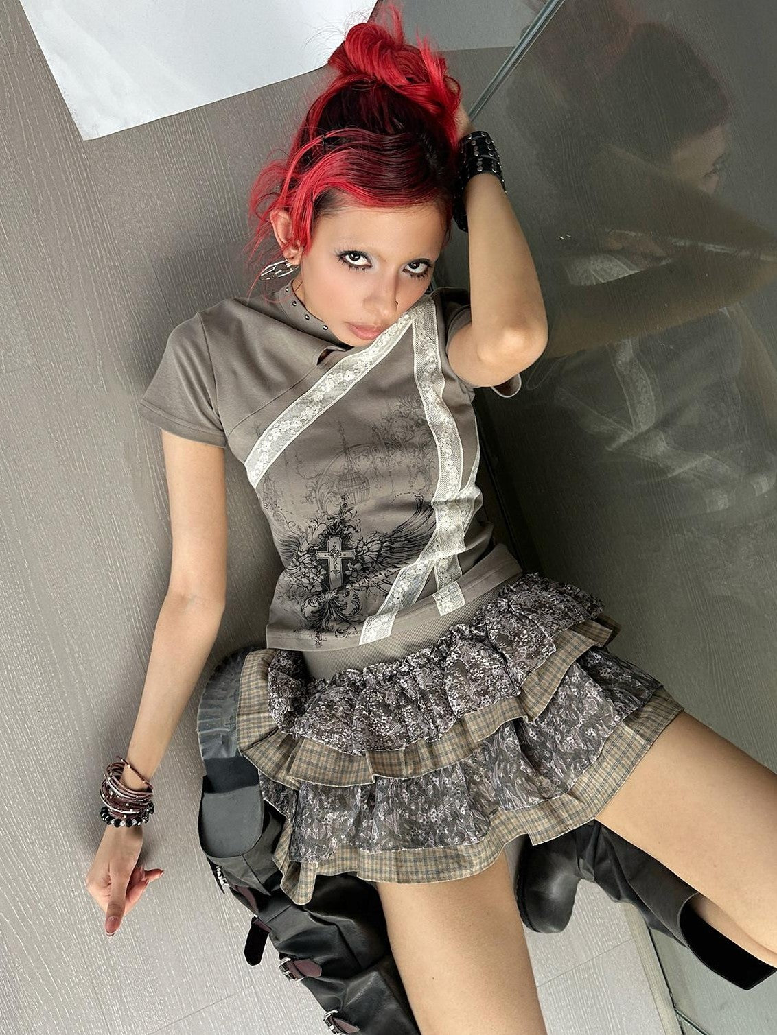 4RE1GN Graffiti Camouflage Plaid Lace Patchwork Women's Cotton Polyester Tiered Skirts