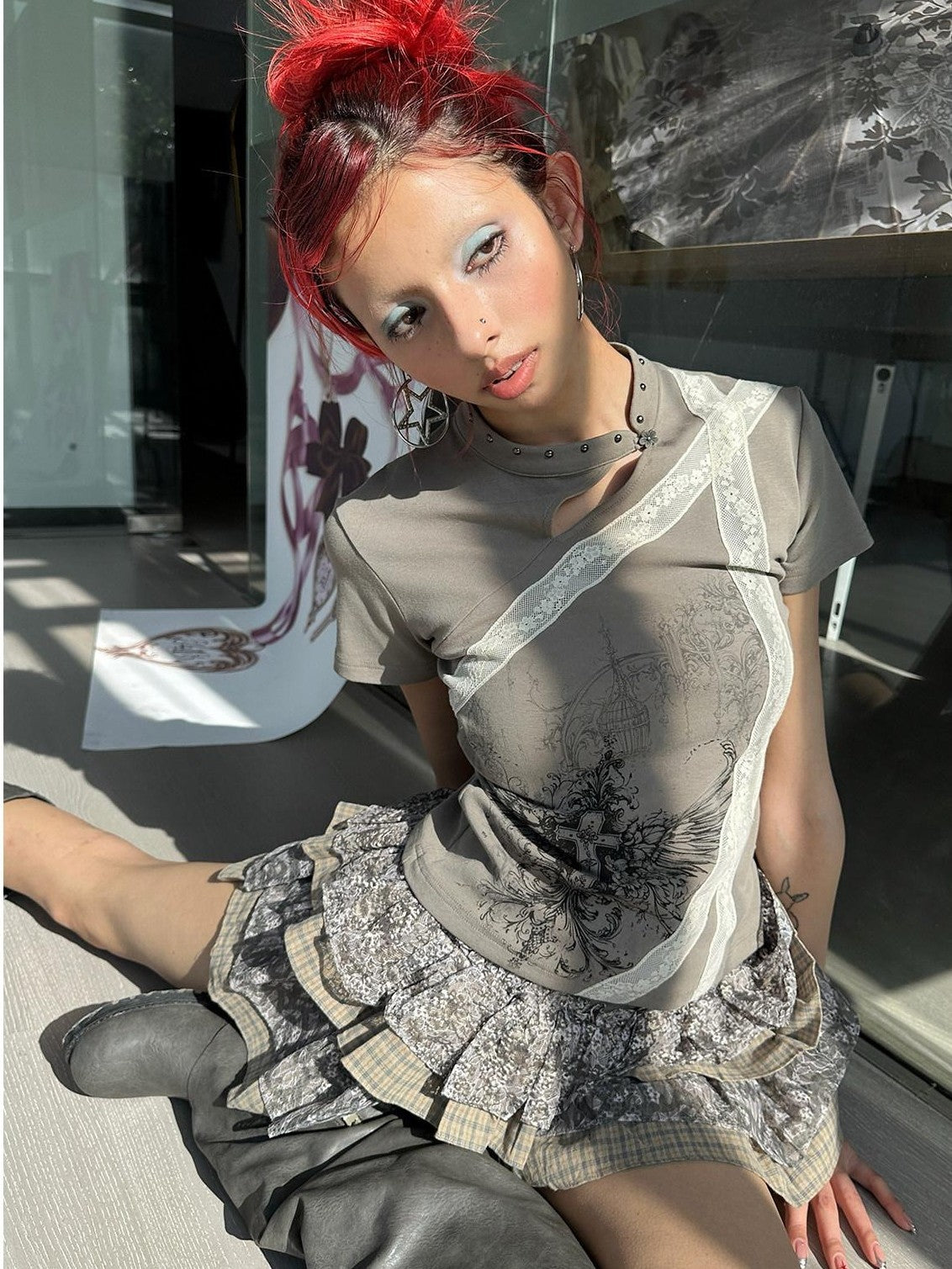 4RE1GN Graffiti Camouflage Plaid Lace Patchwork Women's Cotton Polyester Tiered Skirts