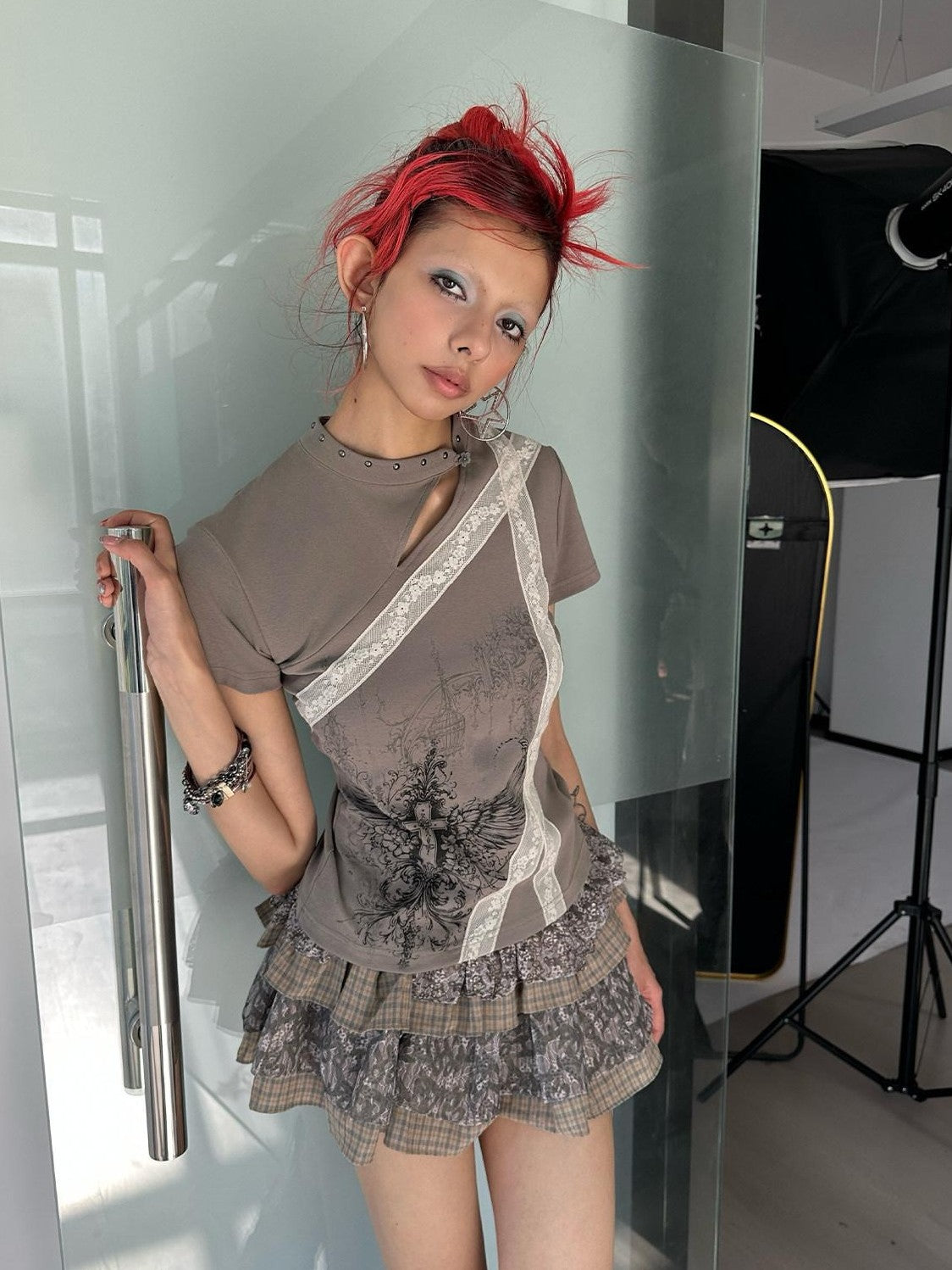 4RE1GN Graffiti Camouflage Plaid Lace Patchwork Women's Cotton Polyester Tiered Skirts