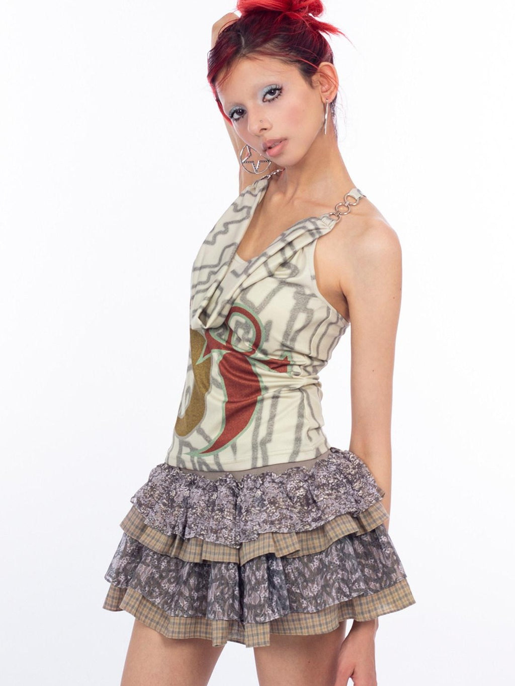 4RE1GN Graffiti Camouflage Plaid Lace Patchwork Women's Cotton Polyester Tiered Skirts