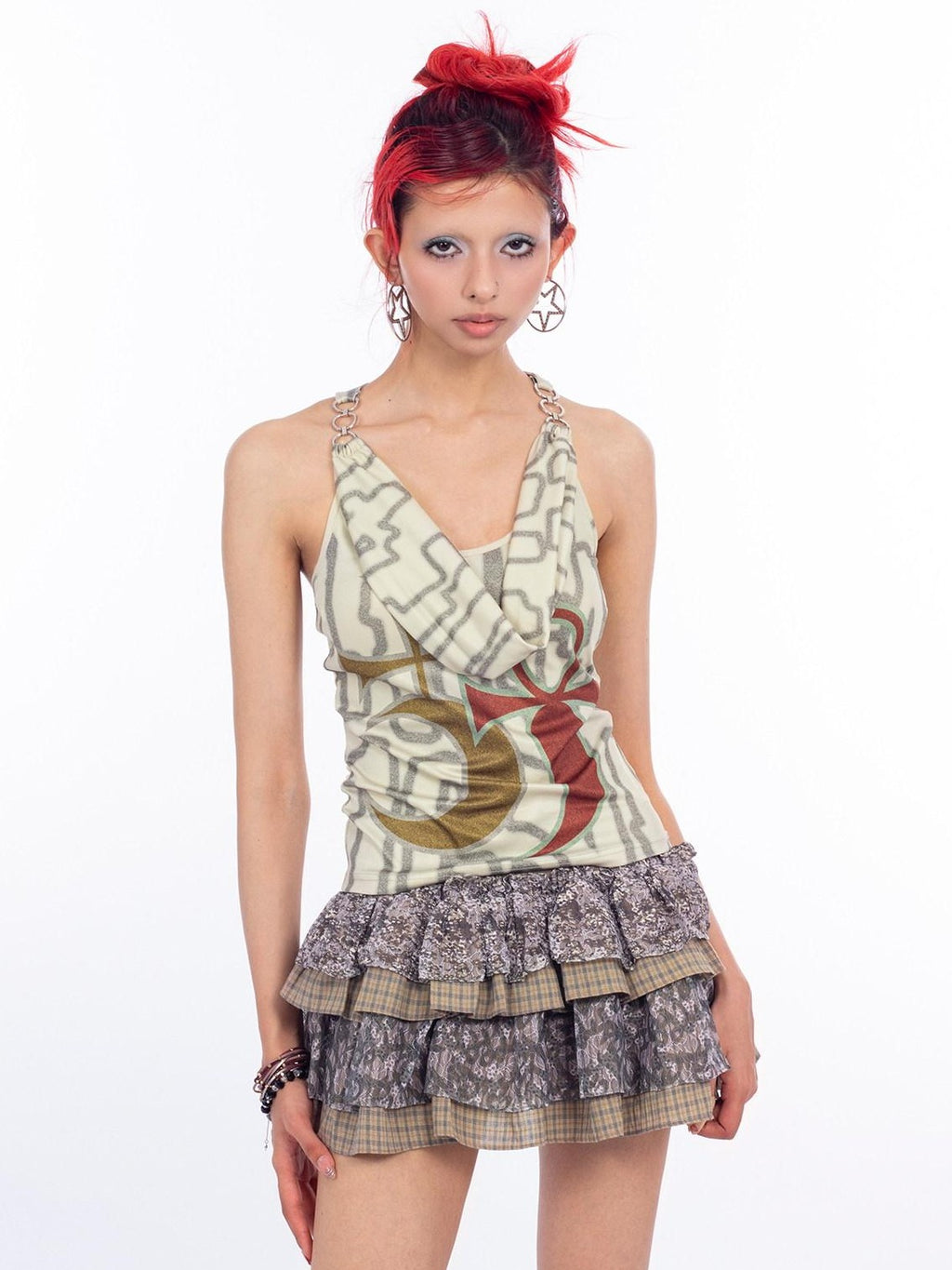 4RE1GN Graffiti Camouflage Plaid Lace Patchwork Women's Cotton Polyester Tiered Skirts