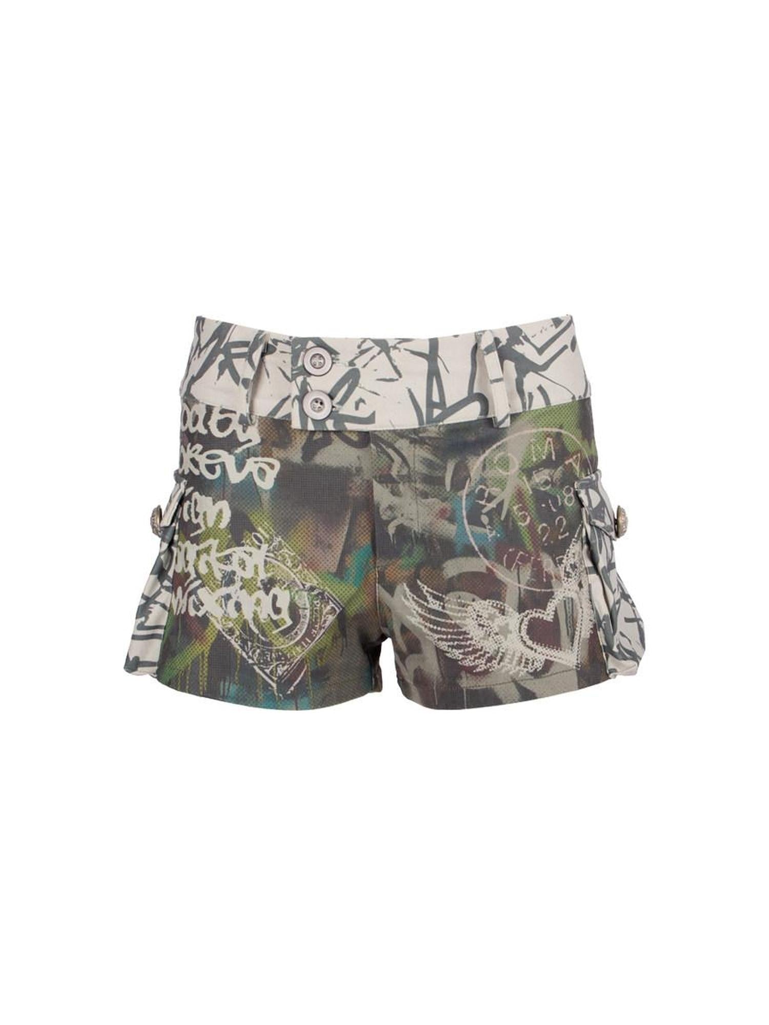 4RE1GN Graffiti Flying Heart Asymmetric Patchwork Print Women's Polyester Denim Shorts