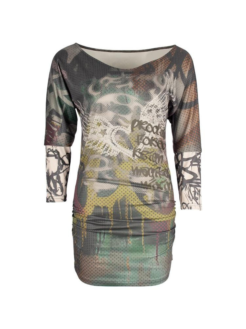 4RE1GN Graffiti Print Spliced Batwing Women's Polyester Spandex Off-shoulder T-shirts