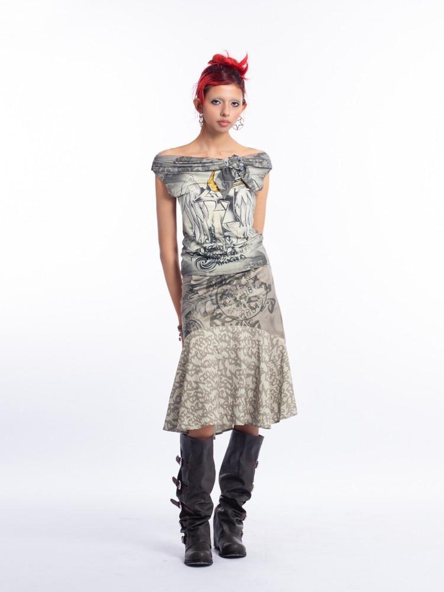 4RE1GN Graffiti Text Striped Patchwork Pleated Printed Women's Polyester Midi Skirts