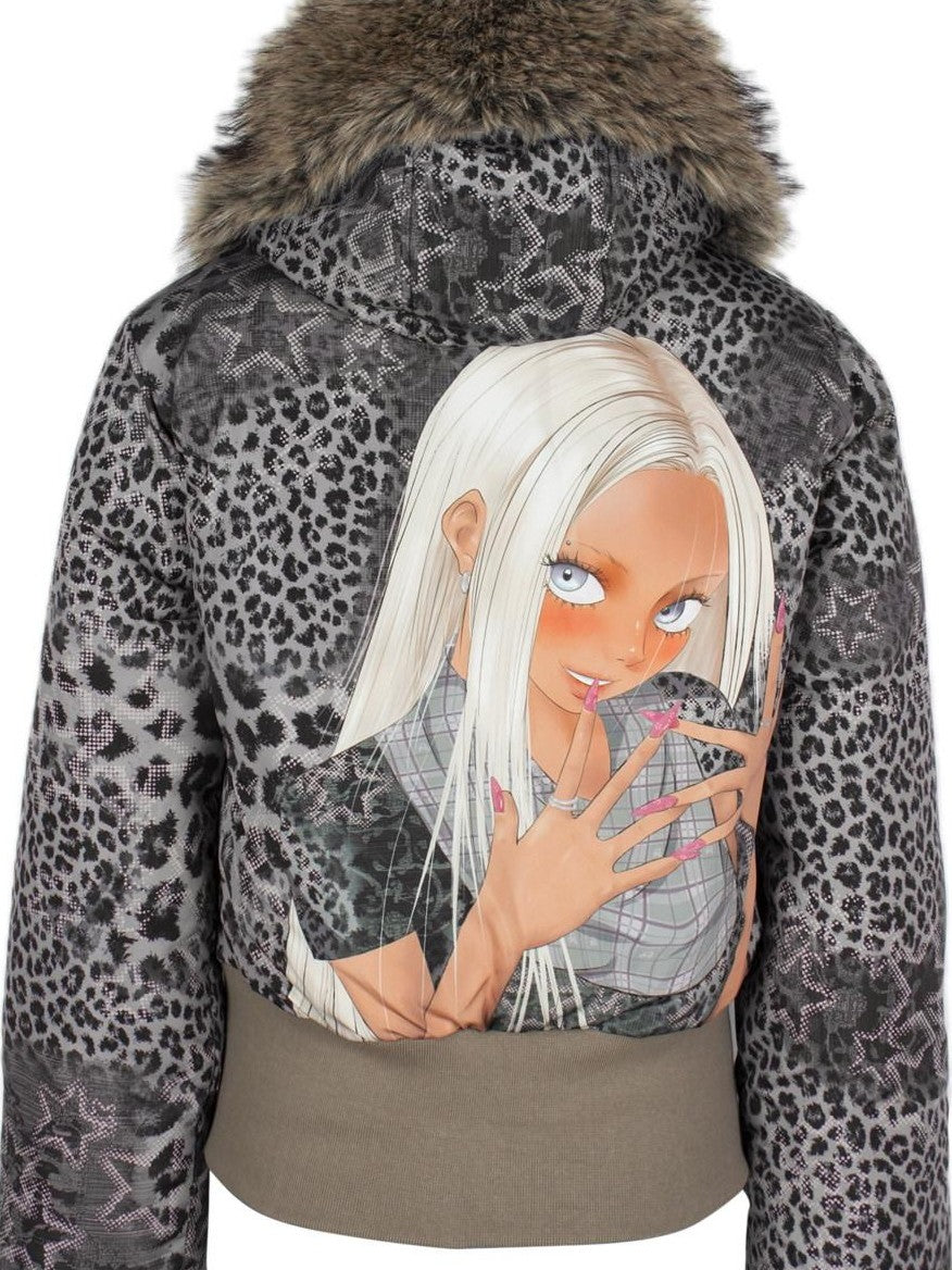4RE1GN Hand Painted Character Text Graffiti Hooded Short Women's Polyester Down Jackets