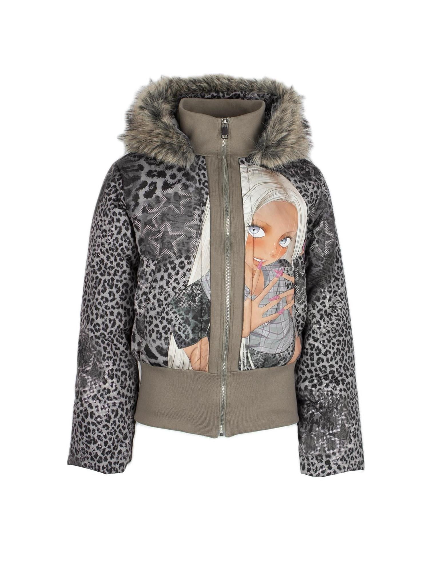 4RE1GN Hand Painted Character Text Graffiti Hooded Short Women's Polyester Down Jackets