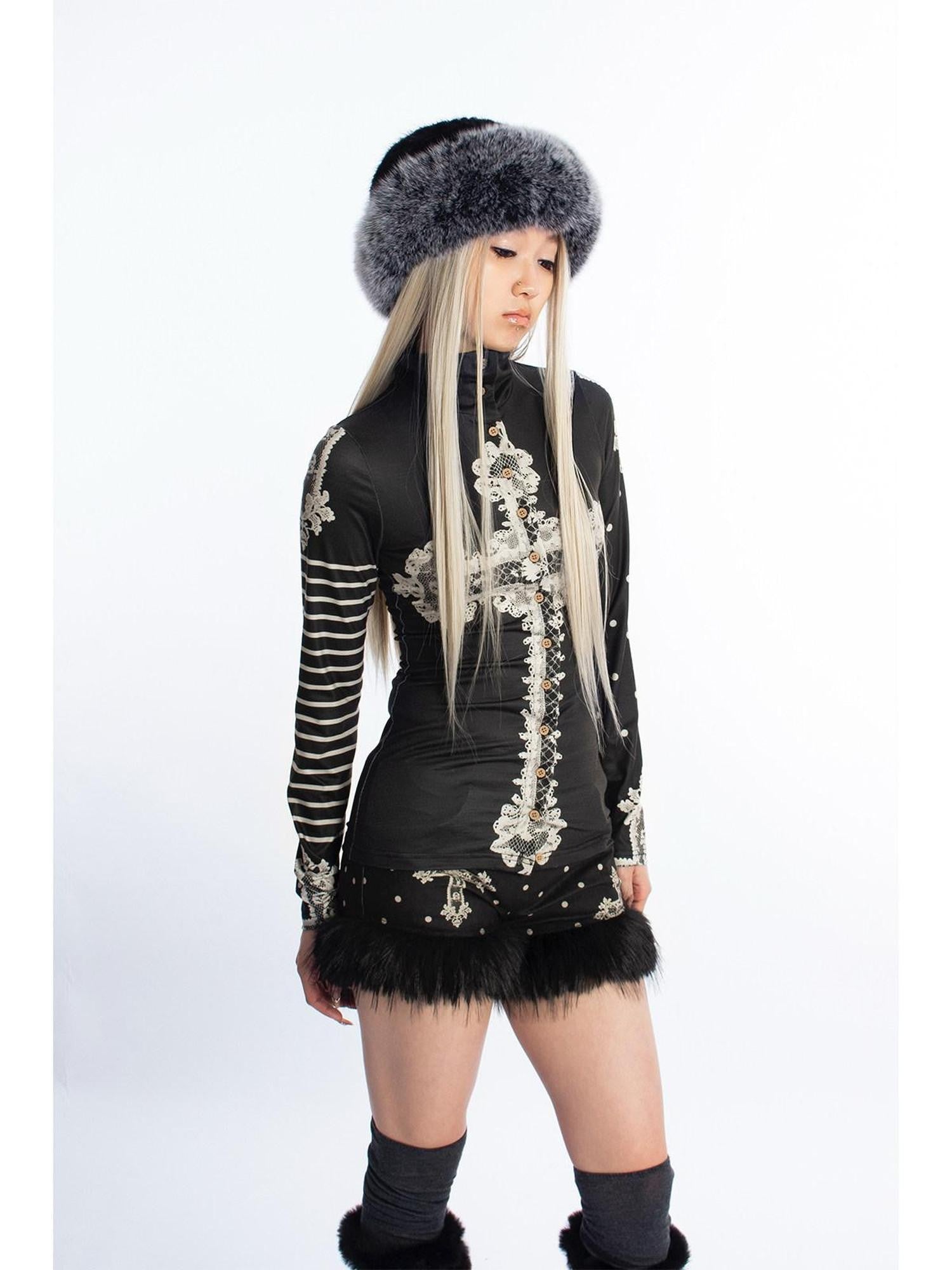 4RE1GN High Neck Asymmetrical Cross Print Lace Women's Long Sleeve T-shirts