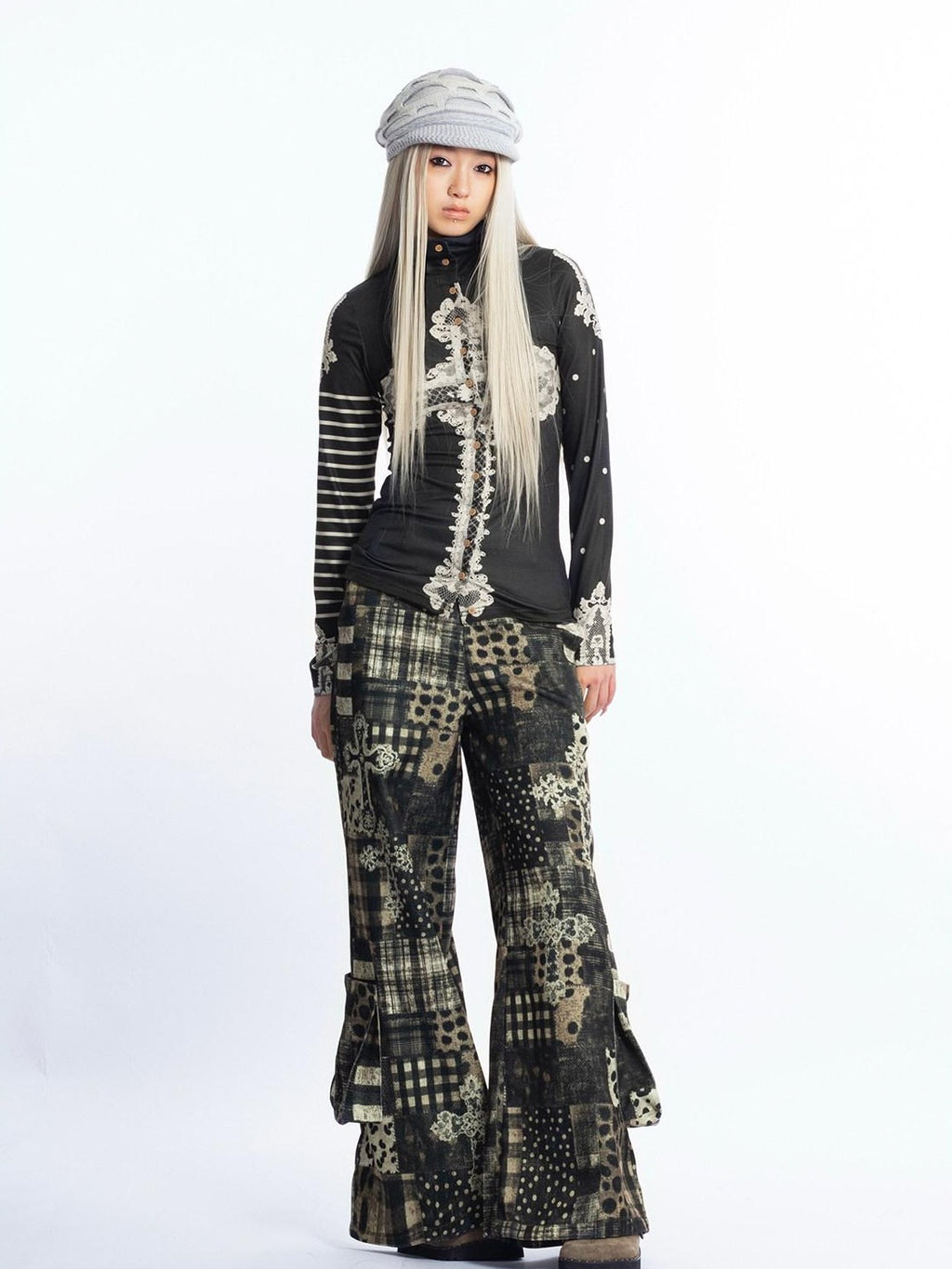 4RE1GN High Neck Asymmetrical Cross Print Lace Women's Long Sleeve T-shirts