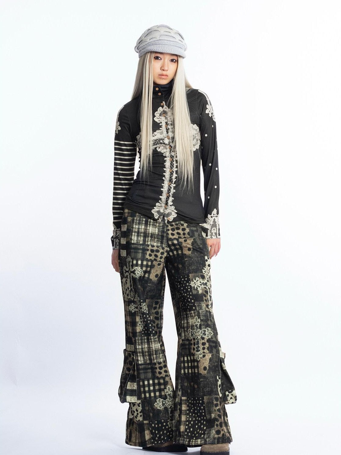 4RE1GN High Neck Asymmetrical Cross Print Lace Women's Long Sleeve T-shirts