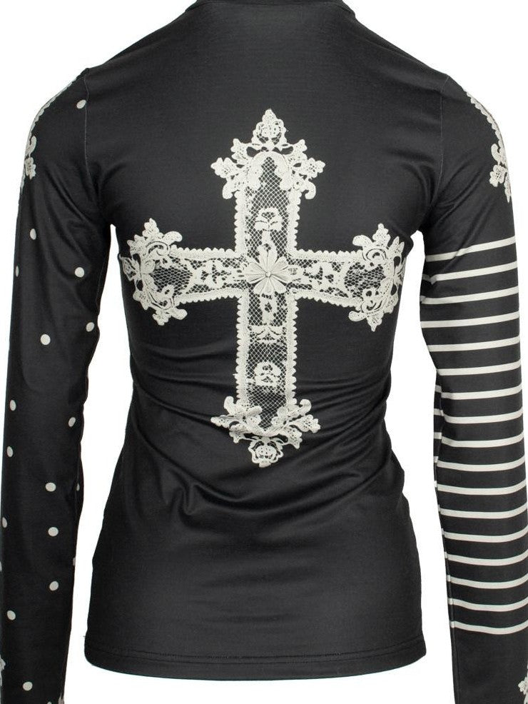 4RE1GN High Neck Asymmetrical Cross Print Lace Women's Long Sleeve T-shirts